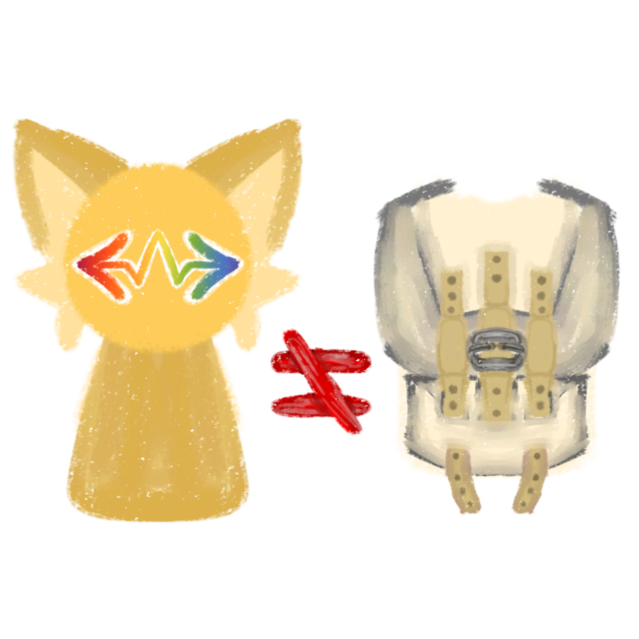 a yellow cat-like with the schizospec symbol in rainbow on its face on the left, and a straitjacket on the right, separated by a red unequals symbol, indicating that they are not the same